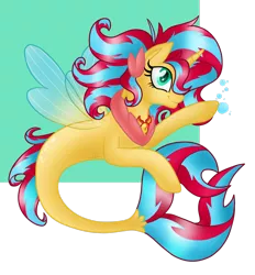 Size: 2360x2541 | Tagged: safe, artist:daringashia, derpibooru import, oc, unofficial characters only, alicorn, pony, seapony (g4), adoptable, bubble, clothes, dorsal fin, female, fin wings, fish tail, flowing mane, green eyes, horn, image, jewelry, multicolored hair, necklace, png, seaponified, see-through, simple background, smiling, solo, species swap, tail, wings