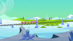 Size: 1280x720 | Tagged: safe, derpibooru import, screencap, games ponies play, background, cloud, crystal empire, friendship express, image, mountain, no pony, png, railroad, scenery, scenic ponyville, snow