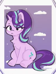 Size: 1127x1474 | Tagged: safe, artist:dearysnowy, derpibooru import, starlight glimmer, pony, unicorn, :<, chest fluff, cloud, cute, eye clipping through hair, eyebrows, eyebrows visible through hair, female, frown, glimmerbetes, image, mare, png, sitting, solo, sparkles