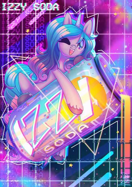 Size: 2480x3508 | Tagged: safe, artist:musicfirewind, derpibooru import, izzy moonbow, pony, unicorn, female, g5, image, jpeg, mare, soda can, text, vaporwave