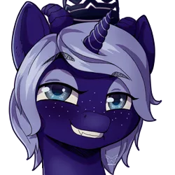 Size: 3508x3508 | Tagged: safe, artist:shiimosa, derpibooru import, oc, oc:blizzard shard, unofficial characters only, pony, succubus, unicorn, bust, freckles, high res, image, jewelry, male, png, portrait, regalia, short mane, simple background, smug, solo, stallion, transparent background, trap, watermark