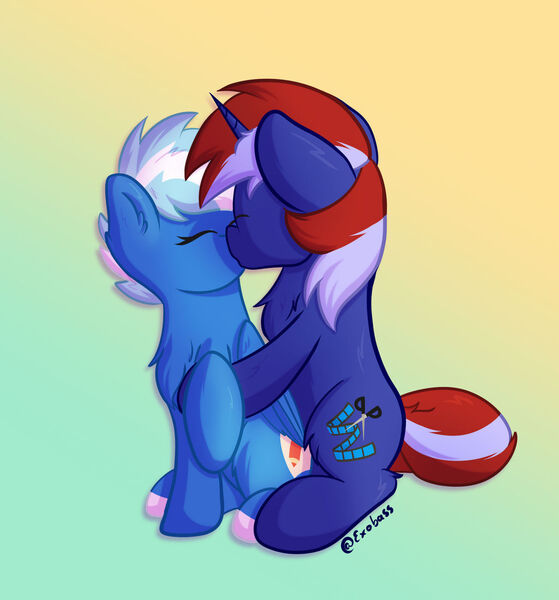 Size: 1024x1100 | Tagged: safe, artist:exobass, derpibooru import, oc, oc:anny tr3e, oc:exobass, pegasus, pony, unicorn, closed eye, holding, horn, image, jpeg, kissing, pegasus oc, smooch, unicorn oc, wings