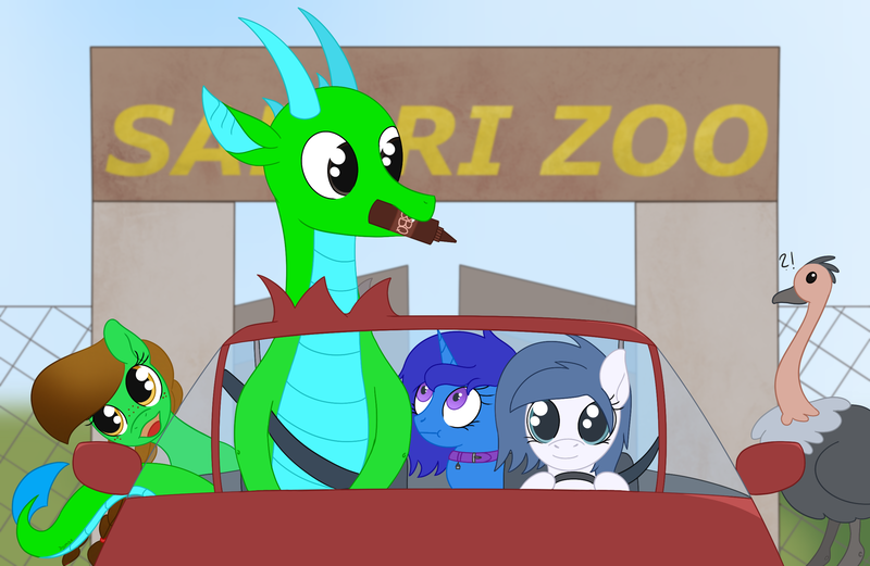 Size: 2514x1636 | Tagged: safe, artist:dyonys, derpibooru import, oc, oc:delly, oc:fridis, oc:graceful motion, oc:lucky brush, dragon, pony, unicorn, car, food, image, png, sauce, zoo