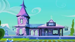 Size: 1280x720 | Tagged: safe, derpibooru import, screencap, games ponies play, background, cloud, crystal empire, image, mountain, png, railroad, scenic ponyville, train station, tree