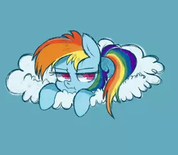 Size: 2300x2000 | Tagged: safe, artist:meowmeows, artist:meowmeows4872, derpibooru import, rainbow dash, pegasus, pony, :t, blue background, cloud, colored pupils, cute, dashabetes, female, filly, filly rainbow dash, high res, image, jpeg, lidded eyes, lying down, mare, on a cloud, prone, rainbow dash is not amused, simple background, solo, unamused, younger