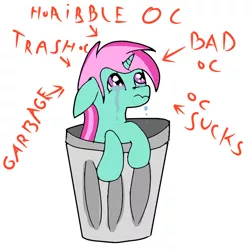 Size: 800x800 | Tagged: safe, artist:amateur-draw, derpibooru import, oc, oc:belle boue, pony, unicorn, bad oc, crying, depressive, derpression, hate, image, into the trash it goes, male, op is a duck, op is trying to start shit, png, sad, simple background, solo, stallion, trash, trashcan, vulgar, white background, your waifu is shit, your waifu is trash