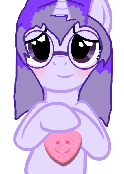 Size: 916x1282 | Tagged: safe, artist:mellow91, derpibooru import, oc, oc:glass sight, pony, unicorn, 3d, blushing, candy heart, crossed hooves, cute, female, glasses, heart, hoof hold, image, mare, ocbetes, png, simple background, smiley face, smiling, solo, transparent background