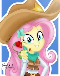 Size: 768x960 | Tagged: safe, artist:fluttershy_art.nurul, derpibooru import, fluttershy, equestria girls, belt, belt buckle, clothes, context in description, cowboy hat, cowgirl, cute, facebook, flower, hat, image, jeans, jpeg, looking at you, meme, pants, rose, shyabetes, solo, stetson, vest, western