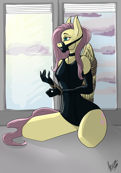 Size: 1732x2479 | Tagged: suggestive, artist:stirren, derpibooru import, fluttershy, anthro, pegasus, bodysuit, bondage, bound wings, bound wrists, breasts, clothes, collar, commission, evening gloves, female, flutterpet, gag, girly, gloves, image, kneeling, latex, leash, leotard, long gloves, muzzle gag, pet, pet play, png, rope, rope bondage, sitting, solo, wings, ych result, your character here