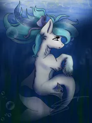 Size: 1536x2048 | Tagged: safe, artist:artistqueene, derpibooru import, oc, unofficial characters only, hybrid, merpony, seapony (g4), blue eyes, blue mane, bubble, crepuscular rays, dorsal fin, eyelashes, fins, fish tail, flowing mane, flowing tail, image, jpeg, ocean, open mouth, ribbon, seaweed, signature, solo, swimming, tail, underwater, unshorn fetlocks, water