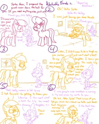 Size: 4779x6013 | Tagged: safe, artist:adorkabletwilightandfriends, derpibooru import, lily, lily valley, spike, oc, oc:arum valley, oc:forest valley, dragon, earth pony, pony, comic:adorkable twilight and friends, a moment, adorkable, adorkable friends, awkward, awkward moment, awkward silence, bed, bedroom, comic, cute, dad, dork, friendship, glasses, guest room, hoofbump, image, mom, parent, png, slice of life, towels