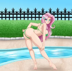 Size: 5000x4923 | Tagged: suggestive, artist:silvertongue, derpibooru import, fluttershy, equestria girls, absurd resolution, ass, bikini, breasts, busty fluttershy, butt, clothes, eyebrows, eyebrows visible through hair, female, flutterbutt, human coloration, image, looking at you, png, smiling, smiling at you, solo, solo female, stupid sexy fluttershy, swimsuit