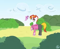 Size: 2200x1800 | Tagged: safe, artist:plaguemare, derpibooru import, oc, unofficial characters only, butterfly, insect, pony, unicorn, bush, clothes, cloud, hoodie, image, pants, png, solo