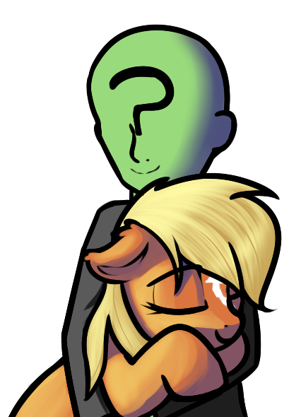 Size: 409x590 | Tagged: source needed, safe, artist:neuro, oc, oc:anon, ponified, ponified:verity, unofficial characters only, earth pony, human, pony, art pack:marenheit 451 post-pack, /mlp/, 4chan, cute, duo, eyes closed, female, filly, floppy ears, hug, image, male, png, simple background, smiling, transparent background, verity