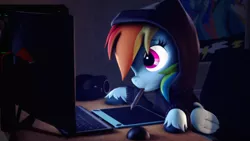 Size: 3840x2160 | Tagged: safe, artist:psfmer, derpibooru import, rainbow dash, pegasus, pony, 3d, bedroom, chair, clothes, computer, computer keyboard, desk, drawing, drawing tablet, female, hoodie, image, keyboard, mare, mouth hold, pen in mouth, png, solo, source filmmaker, stylus, unshorn fetlocks, wonderbolts poster