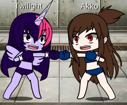 Size: 686x567 | Tagged: safe, artist:jpghost, derpibooru import, twilight sparkle, anthro, akko kagari, angry, bashing, boxing, boxing gloves, crossover, gacha life, image, little witch academia, png, sports, weird
