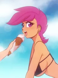 Size: 1187x1600 | Tagged: suggestive, artist:scorpdk, derpibooru import, scootaloo, equestria girls, big breasts, breasts, busty scootaloo, digital art, eating, female, female focus, food, ice cream, ice cream cone, image, jpeg, offscreen character, older, older scootaloo, open mouth, solo focus, suggestive eating