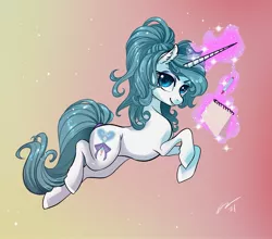 Size: 1995x1752 | Tagged: safe, artist:opalacorn, derpibooru import, oc, unofficial characters only, pony, unicorn, glowing horn, gradient background, grin, horn, image, jpeg, looking at you, magic, magic aura, notepad, pencil, smiling, smiling at you, smirk, solo, telekinesis, unicorn oc