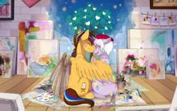 Size: 1514x951 | Tagged: safe, artist:mr-tiaa, derpibooru import, oc, oc:chance dye, oc:velvet ribbon, unofficial characters only, pegasus, pony, unicorn, artificial wings, augmented, easel, floppy ears, hug, image, paintbrush, painting, png, tree, winghug, wings