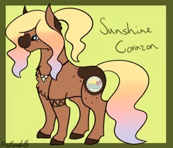 Size: 1750x1500 | Tagged: safe, artist:misskanabelle, derpibooru import, oc, oc:sunshine corazon, unofficial characters only, earth pony, pony, abstract background, chest fluff, earth pony oc, female, image, jewelry, mare, necklace, offspring, parent:coco crusoe, parent:sunny smiles, png, signature, solo