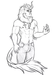 Size: 587x819 | Tagged: suggestive, artist:askbubblelee, derpibooru import, kirin oc, oc, unofficial characters only, anthro, kirin, unguligrade anthro, anthro oc, branded, clothes, digital art, image, leonine tail, male, male nipples, monochrome, nipples, nudity, pants, png, serious, serious face, simple background, sketch, solo, solo male, white background