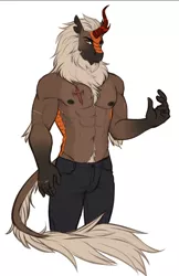 Size: 534x823 | Tagged: suggestive, artist:askbubblelee, derpibooru import, kirin oc, oc, unofficial characters only, anthro, kirin, unguligrade anthro, anthro oc, branded, clothes, digital art, image, leonine tail, male, male nipples, monochrome, nipples, nudity, pants, png, serious, serious face, simple background, solo, solo male, white background