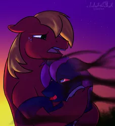 Size: 2000x2200 | Tagged: safe, artist:inlustriusghost, derpibooru import, big macintosh, oc, oc:bright sight, earth pony, unicorn, canon x oc, image, jpeg, sad, smoke