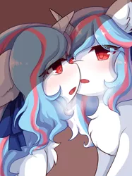 Size: 2048x2732 | Tagged: safe, artist:yilo, derpibooru import, oc, oc:moontrace, pony, unicorn, blushing, boop, hairband, image, kissing, noseboop, png, red eyes, self ponidox, selfcest, shipping