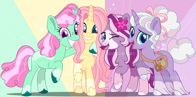 Size: 4216x2080 | Tagged: safe, artist:interstellar-quartz, derpibooru import, fluttershy, minty, razzaroo, wysteria, pony, bow, flower, flower in hair, freckles, g3, g3 to g4, generation leap, high res, image, png, race swap, unicorn fluttershy