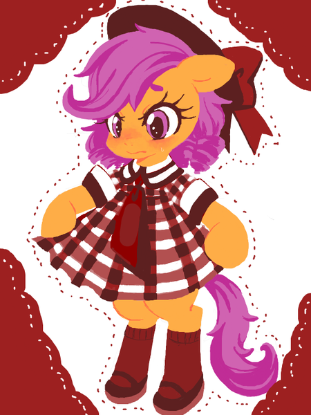 Size: 600x800 | Tagged: safe, artist:nonananana, derpibooru import, scootaloo, angry, bipedal, blushing, clothes, dress, female, girly, hat, image, mary janes, png, shoes, simple background, socks, solo