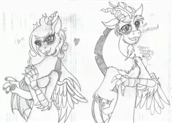 Size: 3104x2227 | Tagged: safe, artist:chibi-n92, derpibooru import, discord, draconequus, bust, duo, eris, female, heart, image, jpeg, lineart, male, rule 63, smiling, traditional art