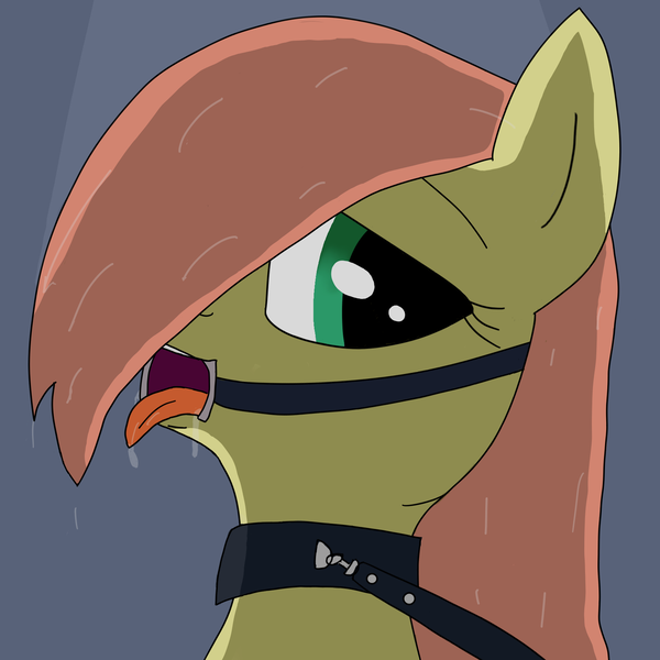 Size: 1693x1693 | Tagged: suggestive, artist:pi, derpibooru import, oc, oc:pineapple pizza, earth pony, pony, bdsm, bondage, collar, drool, female, gag, green eyes, image, leash, leather, looking at you, pet play, png, ring gag, sex slave, sexy, slave, solo, solo female, tongue out, wet, wet mane