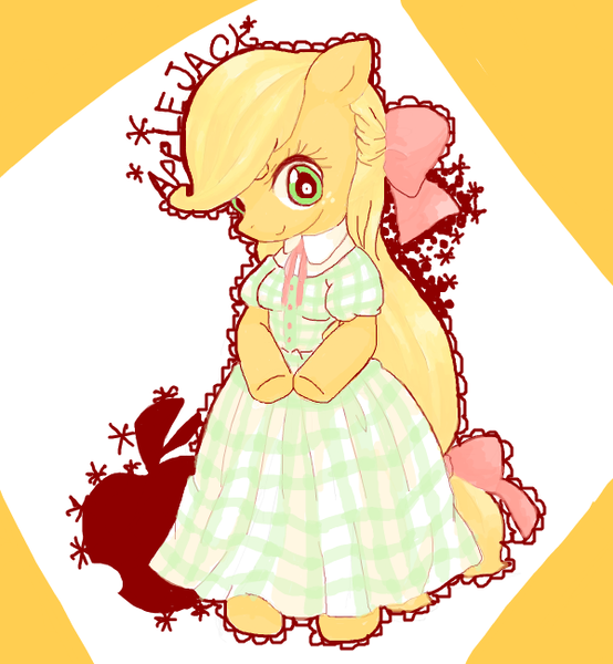 Size: 600x650 | Tagged: safe, artist:nonananana, derpibooru import, anthro, apple, clothes, dress, female, food, hair ribbon, image, missing accessory, png, simple background, solo