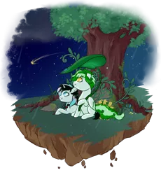 Size: 800x868 | Tagged: safe, artist:lavvythejackalope, derpibooru import, oc, unofficial characters only, pony, unicorn, commission, duo, floating island, horn, image, looking up, lying down, night, outdoors, png, prone, shooting star, smiling, stars, tree, unicorn oc, ych result