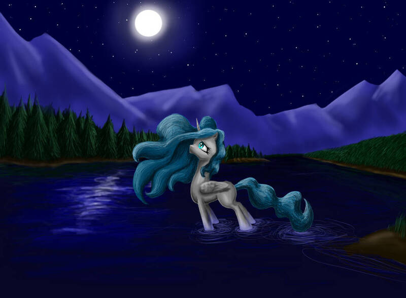 Size: 1043x766 | Tagged: safe, artist:joan-grace, derpibooru import, oc, unofficial characters only, alicorn, pony, alicorn oc, female, full moon, horn, image, jpeg, lake, mare, moon, mountain, night, outdoors, solo, stars, wings