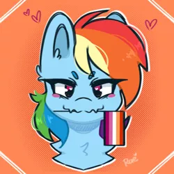 Size: 1280x1280 | Tagged: safe, artist:kokoaapuff, derpibooru import, rainbow dash, pegasus, pony, beanbrows, blush sticker, blushing, bust, eyebrows, female, flag, holding a flag, image, lesbian, lesbian pride flag, mare, mouth hold, png, pride, pride flag, solo, wavy mouth