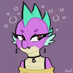 Size: 1280x1280 | Tagged: safe, artist:kokoaapuff, derpibooru import, spike, beanbrows, bubble, clothes, collar, ear piercing, earring, eyebrows, gender headcanon, image, jewelry, nonbinary, nonexistent meet-cute, off shoulder, off shoulder sweater, piercing, png, solo, song reference, sweater, vylet pony