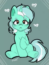 Size: 587x776 | Tagged: safe, artist:dearysnowy, derpibooru import, lyra heartstrings, pony, unicorn, :<, beanbrows, eyebrows, female, heart, image, mare, png, sitting, solo