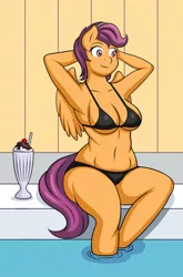 Size: 544x823 | Tagged: suggestive, artist:lordstormcaller, derpibooru import, edit, scootaloo, anthro, pegasus, unguligrade anthro, belly button, bikini, breasts, busty scootaloo, clothes, cropped, curvy, female, food, hourglass figure, image, midriff, png, sitting, solo, solo female, sundae, swimming pool, swimsuit