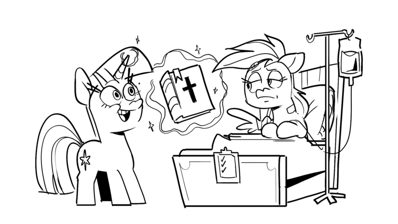 Size: 1920x1080 | Tagged: safe, artist:kylesmeallie, derpibooru import, rainbow dash, twilight sparkle, pegasus, pony, unicorn, read it and weep, bed, bible, black and white, christianity, grayscale, hospital bed, image, intravenous, iv drip, levitation, magic, monochrome, png, proselytizing, simple background, telekinesis, unicorn twilight, white background