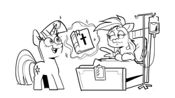 Size: 1920x1080 | Tagged: safe, artist:kylesmeallie, derpibooru import, rainbow dash, twilight sparkle, pegasus, pony, unicorn, read it and weep, bed, bible, black and white, christianity, grayscale, hospital bed, image, intravenous, iv drip, levitation, magic, monochrome, png, proselytizing, simple background, telekinesis, unicorn twilight, white background