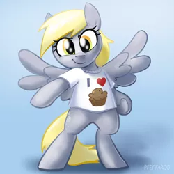 Size: 2048x2048 | Tagged: safe, artist:pfeffaroo, derpibooru import, derpy hooves, pegasus, pony, bipedal, clothes, food, image, muffin, png, shirt, solo, t-shirt, that pony sure does love muffins