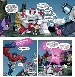 Size: 1988x2038 | Tagged: safe, artist:jack lawrence, derpibooru import, idw, fluttershy, pinkie pie, twilight sparkle, twilight sparkle (alicorn), alicorn, earth pony, pegasus, robot, spoiler:comic, spoiler:the magic of cybertron04, autobot, blaster, crossover, cupcake, cybertron, cybertronian, decepticon, exosuit, female, food, image, laser pistol, male, megatron, optimus prime, party cannon, png, ratchet, rubber chicken, scorponok, sword, the magic of cybertron, transformers, weapon, wheeljack