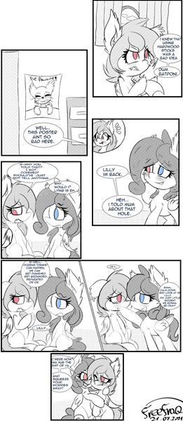 Size: 914x2101 | Tagged: safe, artist:freefraq, derpibooru import, oc, oc:cherry slime, oc:lilac san, bat pony, goo, goo pony, original species, comic, grayscale, hug, image, monochrome, png, wholesome