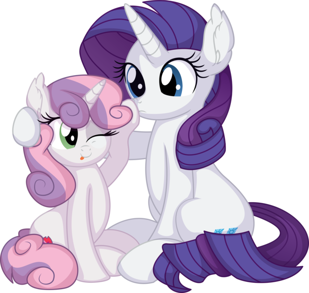 Size: 7335x6950 | Tagged: safe, artist:cyanlightning, derpibooru import, rarity, sweetie belle, pony, unicorn, .svg available, absurd resolution, boop, cute, duo, female, filly, image, mare, one eye closed, png, siblings, simple background, sisters, sitting, transparent background, vector, wink