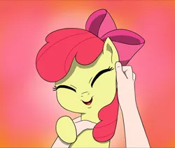 Size: 1122x953 | Tagged: safe, artist:doublewbrothers, derpibooru import, edit, apple bloom, earth pony, pony, adorabloom, cropped, cute, eyes closed, female, filly, hand, holding a pony, image, offscreen character, open mouth, open smile, petting, png, pov, smiling, solo