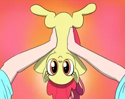 Size: 1122x890 | Tagged: safe, artist:doublewbrothers, derpibooru import, edit, apple bloom, earth pony, pony, adorabloom, cropped, cute, female, filly, hand, holding a pony, image, looking at you, offscreen character, png, pov, smiling, smiling at you, solo, upside down