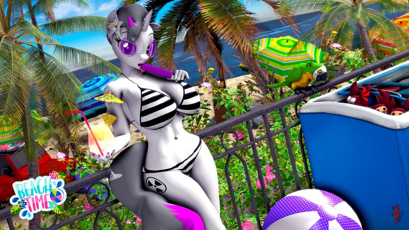 Size: 3840x2160 | Tagged: suggestive, artist:shadowuwu, artist:theshadow, derpibooru import, oc, oc:hazel radiate, unofficial characters only, anthro, bird, macaw, parrot, unicorn, 3d, anthro oc, beach, beach ball, beach umbrella, belly button, big breasts, bikini, breasts, busty oc, car, clothes, cloud, cocktail, commission, commissioner:biohazard, cooler, drink, eyebrows, eyelashes, eyewear, female, flower, flower in hair, food, freezer, glasses, high res, horn, image, jpeg, licking, looking at you, palm tree, pinup, popsicle, sand, sexy, solo, solo female, source filmmaker, spycrab, striped swimsuit, sunglasses, swimsuit, tongue out, tree, umbrella, unicorn oc, wall of tags, wallpaper, water, ych result