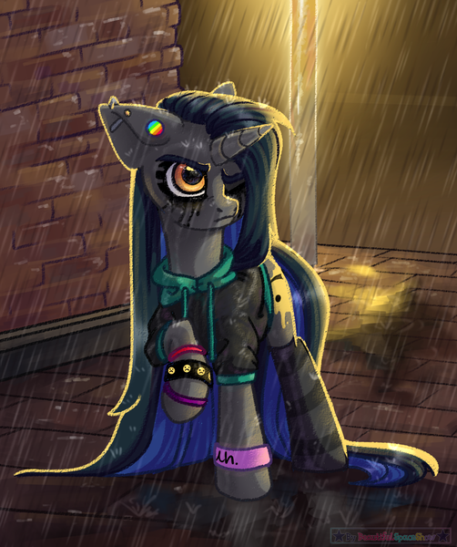 Size: 966x1155 | Tagged: safe, artist:beautifulspaceshow, derpibooru import, oc, oc:tough cookie (ice1517), unofficial characters only, pony, unicorn, clothes, ear piercing, earring, eyeshadow, female, grumpy, hoodie, image, jewelry, makeup, mare, night, one eye closed, piercing, png, rain, raised hoof, socks, solo, street, striped socks, unamused, wet, wristband