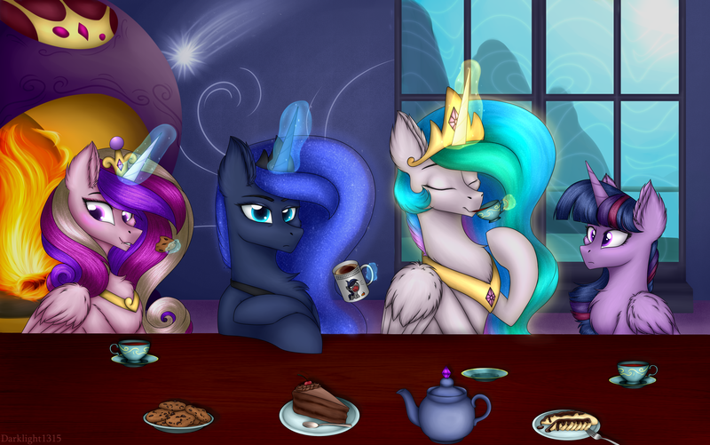 Size: 4920x3080 | Tagged: safe, artist:darklight1315, derpibooru import, princess cadance, princess celestia, princess luna, twilight sparkle, twilight sparkle (alicorn), alicorn, bat pony, pony, banana, cake, coffee, coffee mug, cookie, crown, cup, fireplace, food, image, jewelry, magic, magic aura, mug, png, regalia, tea, teacup, window